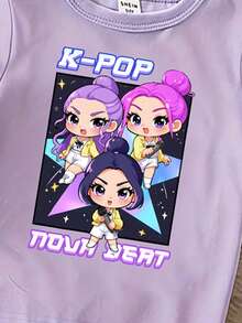 6件套少女休闲时尚创意个性清新可爱简约虚拟少女组合彩色星星图案字母印花短袖T恤和短裤套装，适合春、夏、秋季穿着，紫色、粉色、黑色，舒适日常穿着，温暖夏日风格 - 彩色 - 查看 6