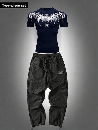 Manfinity Sport Corelite 男士印花修身短袖上衣和抽绳腰长裤运动套装