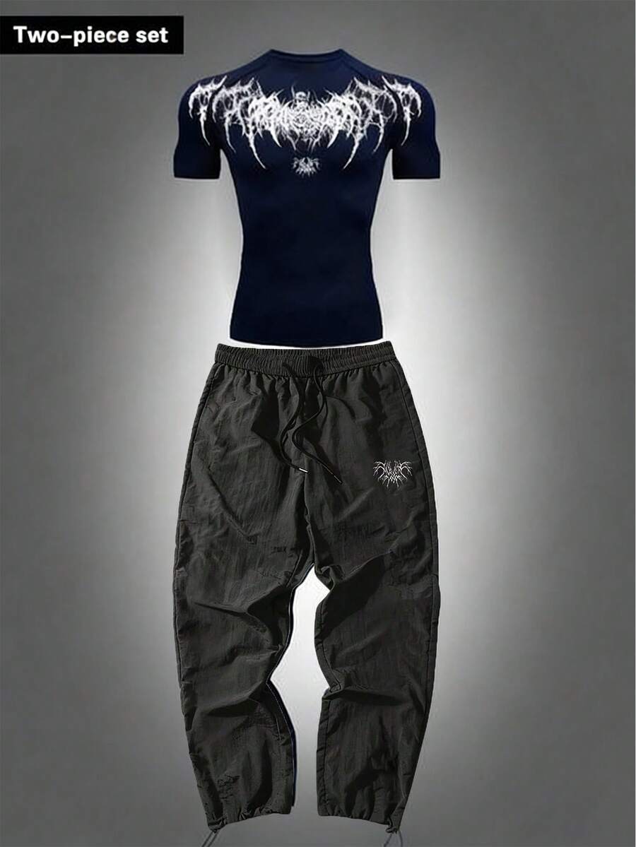 Gym Rark Setelan Olahraga Pria: Atasan Lengan Pendek Slim Fit dengan Motif Grafis dan Celana Panjang dengan Tali Pinggang, untuk Gym. - Hitam - View 1