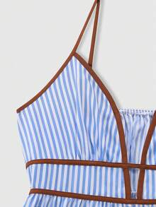 Hàng mới về mùa hè: Bộ jumpsuit nữ gợi cảm cổ khoét sâu kẻ sọc dành cho kỳ nghỉ. - Xanh và trắng - Xem 3