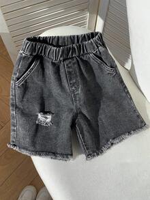 SHEIN Little Byeori 儿童/男童休闲宽松黑色牛仔短裤，工装短裤，基础款下装，Y2K风格短裤，适合春夏穿着，可用于外出、情人节、约会、旅行、度假、家庭聚会、返校、婚礼、正式场合、运动、生日派对等场合。 - 灰色 - 查看 5