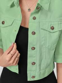 SHEIN EZwear 女士单排扣休闲百搭日常牛仔外套 - 綠色 - 查看 3