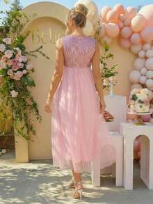 Loomaby 孕妇V领无袖优雅休闲夏季连衣裙 - 粉色 - 查看 2