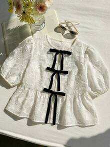 SHEIN EZwear 大码休闲度假衬衫，3D镂空蝴蝶结领，A字廓形，春夏款 - 白色 - 查看 1