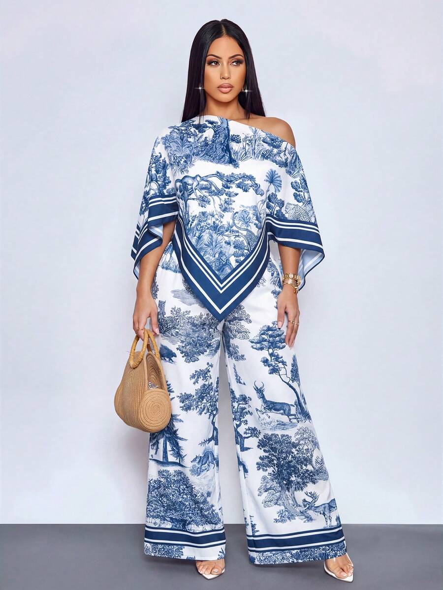 SOLERSUN 性感优雅女士沙滩度假春夏艺术印花油画长裤 - 藏蓝色 - 查看 1