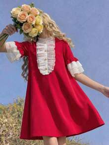 SHEIN Đầm ren phối lưới tương phản thanh lịch cho bé gái tuổi teen với viền bèo nhún. - Đỏ - Xem 6