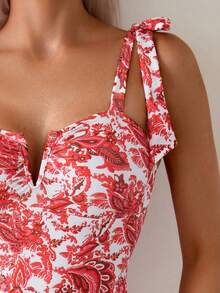 Swim Basics Traje de baño de una pieza con estampado completo y detalle de nudo frontal, adecuado para vacaciones en la playa, fiestas en la piscina y fiestas en la playa - Rojo - Ver 3