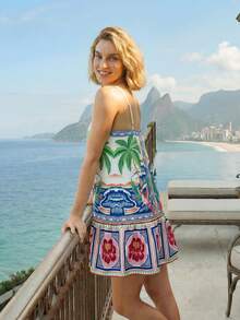 CAJUNI Women's Spaghetti-Strapped Sleeveless Retro Ruffled Fashion Print Summer Vacation Style Dress - Blue - View 2