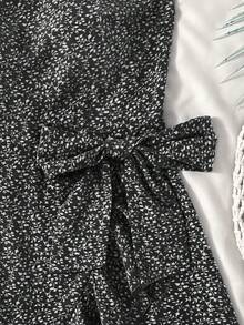 SHEIN 少女波点爱心碎花无袖休闲荷叶边飘逸A字度假连衣裙，夏季服装，沙滩装，假日装，太阳裙，波西米亚风，海滩度假装扮 - 黑色 - 查看 3