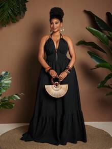 Maweii Sexy Black V-Neck Spaghetti Strap Cinched Waist Plus Size Dress - Black - View 5