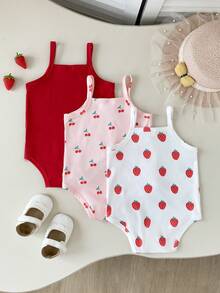 SHEIN Playful Pals 3件套女童夏季针织连体衣，可爱樱桃草莓图案纯色无袖连体衣，适合居家、休闲、外出、派对穿着 - 彩色 - 查看 2