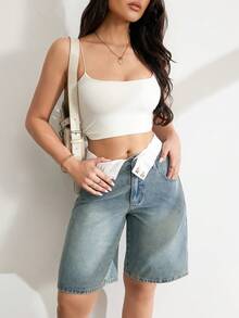 SHEIN Tall شورتات جينز برمودا للنساء ذات الخصر العالي والخصر المطوي، ملابس صيفية كاجوال، شورتات جينز كاجوال للنساء بتصميم ألوان متباينة وأطراف مطوية حتى الركبة - رمادي - مشاهدة 7