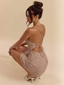 SHEIN BAE Đầm mini dáng chữ A màu trơn ôm sát, hở lưng, buộc dây, chất liệu vải dệt họa tiết, dành cho nữ, thích hợp cho mùa xuân/hè. - Màu Khaki - Xem 7