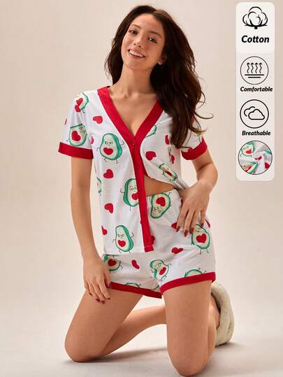 Loomlin Cartoon Avocado & Heart Print PJ Set - V-Neck Button Front Short Sleeve Top & Shorts 2pcs Contrast Trim Sleepwear