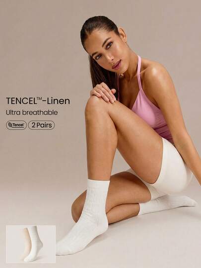 GLOWMODE 2-Pair European Linen Cotton Blend Cable-Knit Seamless Toe Socks Holiday Vacation Summer Daily Casual Wear