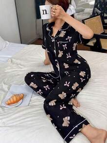 泡泡皱熊 & 蝴蝶结印花短袖睡衣套装 - 黑色 - 查看 7