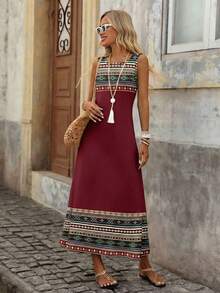 EMERY ROSE Plus Size Women Geometric Print Sleeveless Round Neck Dress, Vacation - Burgundy - View 4