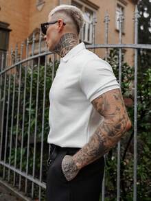Artur Kramer Men Basic Textured Design Solid Color Short Sleeve Collar Polo Shirt, For Husband, For Going Out, Old Money Style - White - View 5
