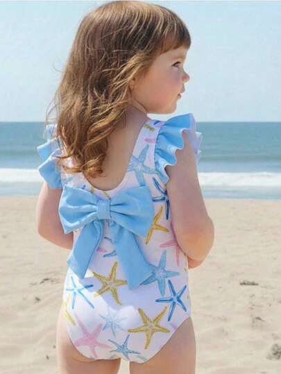 SHEIN 女婴海星图案撞色大蝴蝶结针织柔软圆领荷叶边下摆无袖连体衣，休闲可爱沙滩度假装