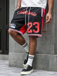Manfinity Roghcode Men's Contrast Color Numeric Print Basketball Shorts Football - Black - View 1