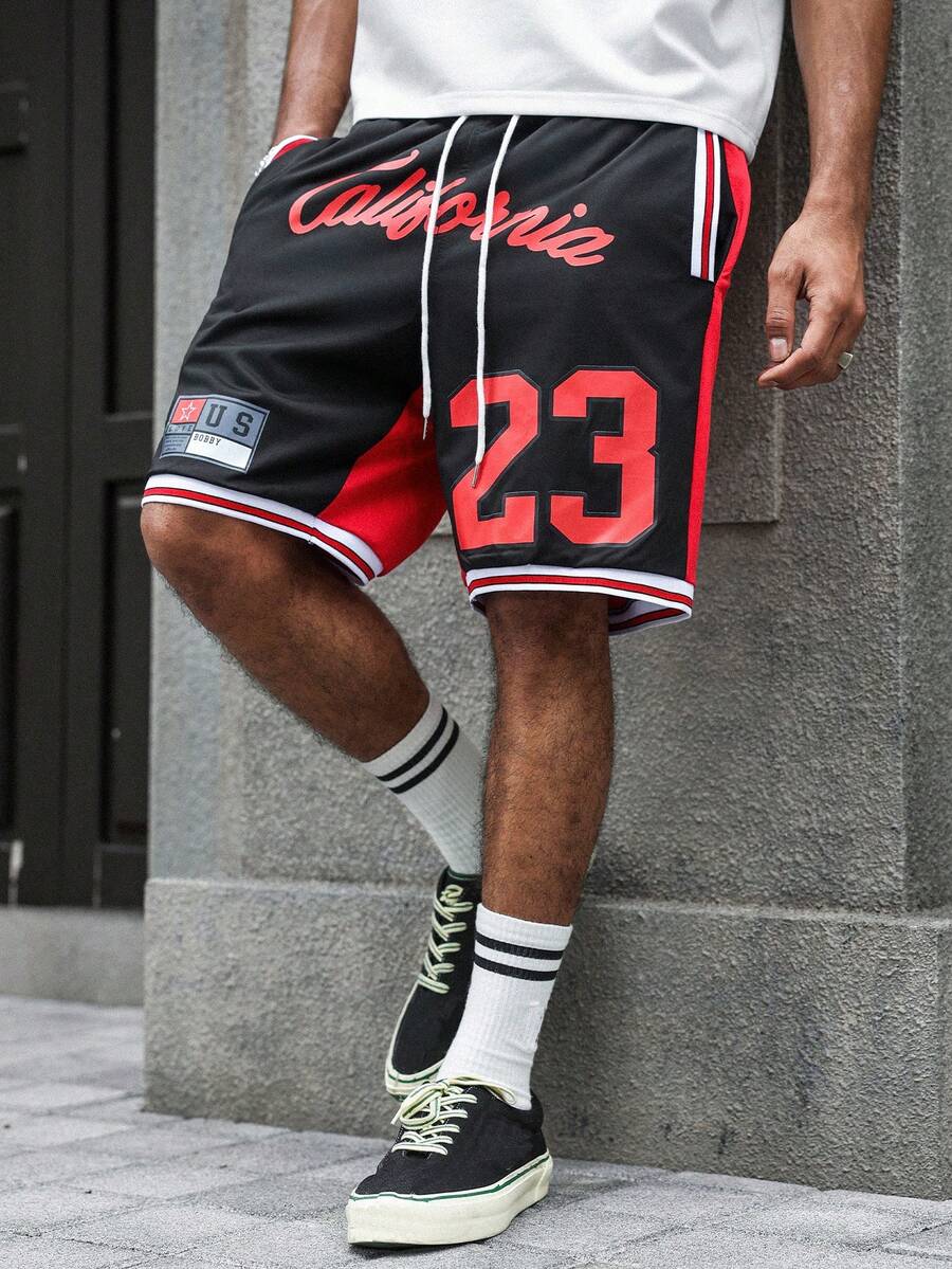 Manfinity Roghcode Men's Contrast Color Numeric Print Basketball Shorts Football - Black - View 1