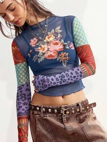 Bohemela Áo kiểu nữ tay dài ôm dáng, cổ đứng, in họa tiết hoa, chất liệu lưới, thời trang. - Màu xanh hải quân - Xem 7