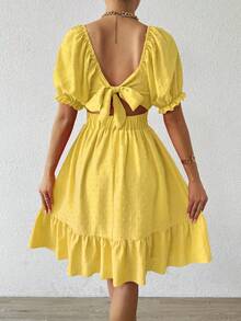 Breezaya 瑞士圆点系带露背荷叶边下摆女工连衣裙度假沙滩装女装 - 淡黃色 - 查看 2