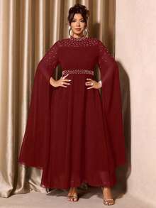 Cravure Vestido elegante de manga extra larga con cuello alto y decoración de perlas para mujer de talla grande - Burdeos - Ver 3