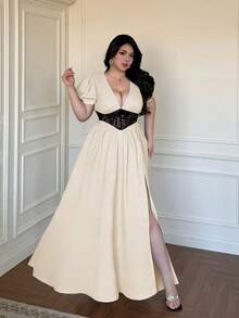 Vibekara Nuevo vestido de verano elegante con parches de encaje negro y cintura ceñida que reduce la edad - Albaricoque - Ver 3