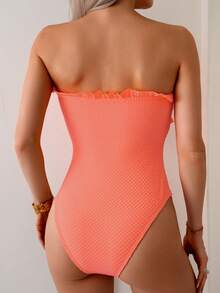 Swim Basics Women's Summer Beach Black Textured Fabric Ruffle Bandeau One-Piece Swimsuit, Waist Cinched - Orange - View 2