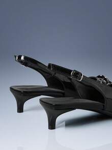 CUCCOO GRLICON Women's High Heel Pumps, Black Patent Leather With French Rivets Decor, Pointed Toe With Ankle Strap And Metal Ring Buckle, Kitten Heel, Motorcycle Style, Suitable For Spring/Summer, Vacation, Travel, 2000s Fashion 2000s Style - Black - View 5
