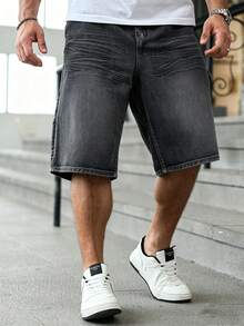Manfinity EMRG Men's Solid Color Slant Pocket Casual Loose Wide Leg Denim Shorts - Grey - View 3