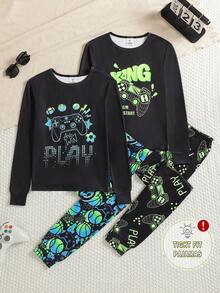 Tween BoyBlack Base Minimalist Blue Print Long Sleeve & Pants Snug Fit Loungewear Set - Multicolor - View 5