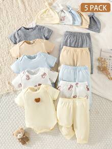 5件套新生儿可爱男女通用套装，连体衣+裤子+帽子，夏季 - 彩色 - 查看 1