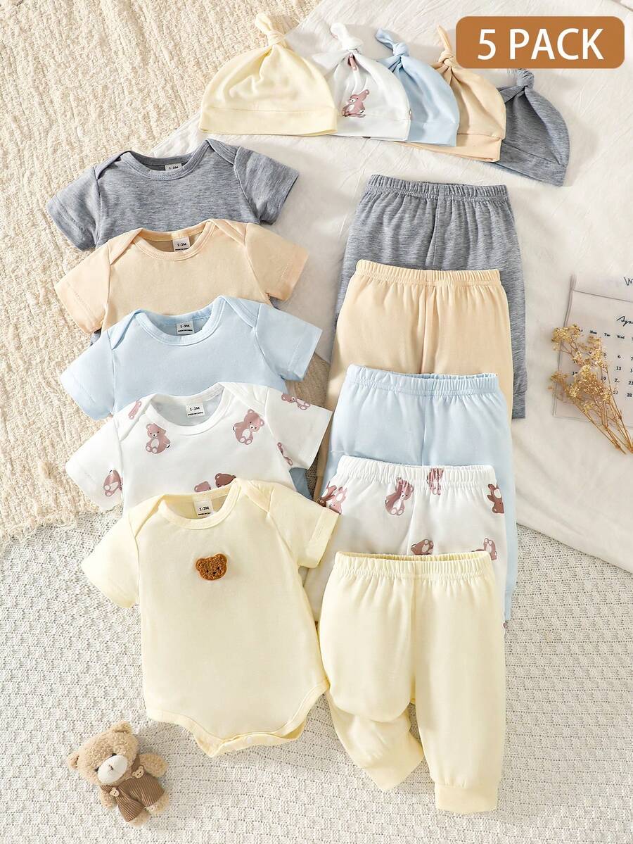 5件套新生儿可爱男女通用套装，连体衣+裤子+帽子，夏季 - 彩色 - 查看 1