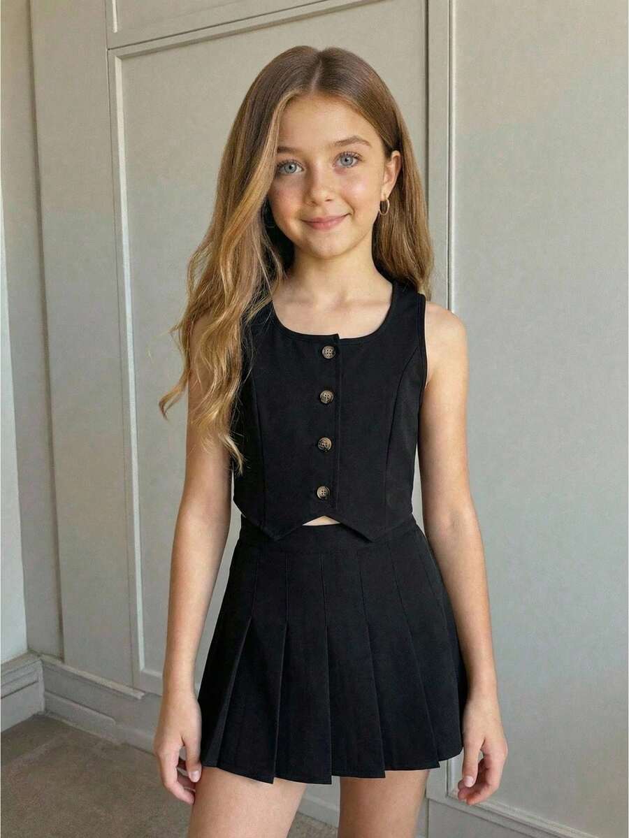 Firerie Kids Conjunto de 2 piezas versátil y cómodo para niña preadolescente, con top corto sin mangas minimalista y lujoso, combinado con falda mini plisada - Negro - Ver 1