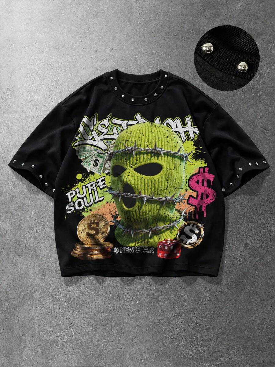 ROMWE MEN Street Life Camiseta de estilo corto con hombros caídos, suelta y con decoración de remaches estampada para hombres - Negro - Ver 1