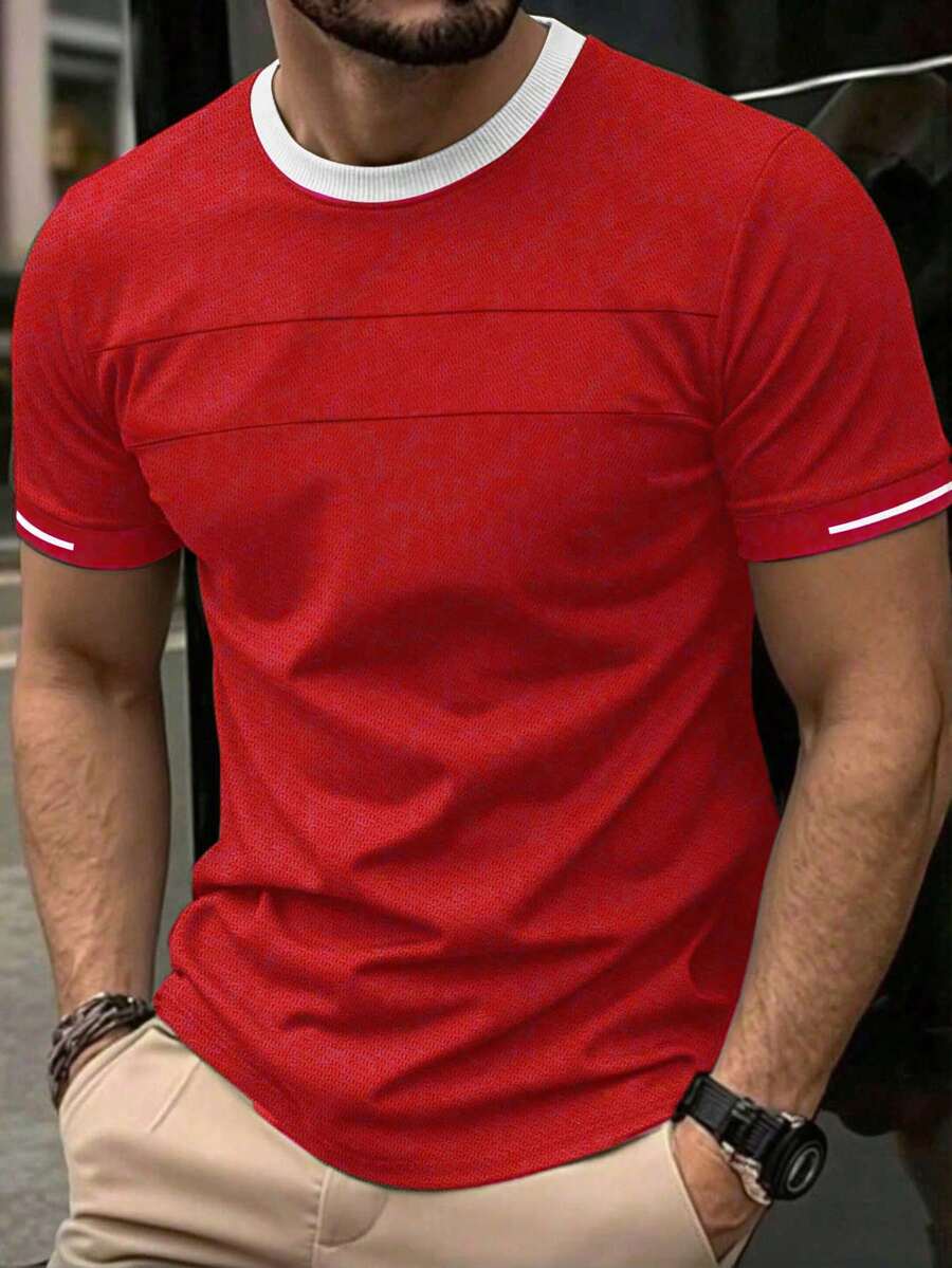 Manfinity Homme Men's Contrast Color Round Neck Short Sleeve Casual Versatile T-Shirt - Red - View 1