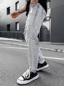 Artur Kramer Quần jean denim rách vừa vặn cho nam - Rửa nhẹ - Xem 5