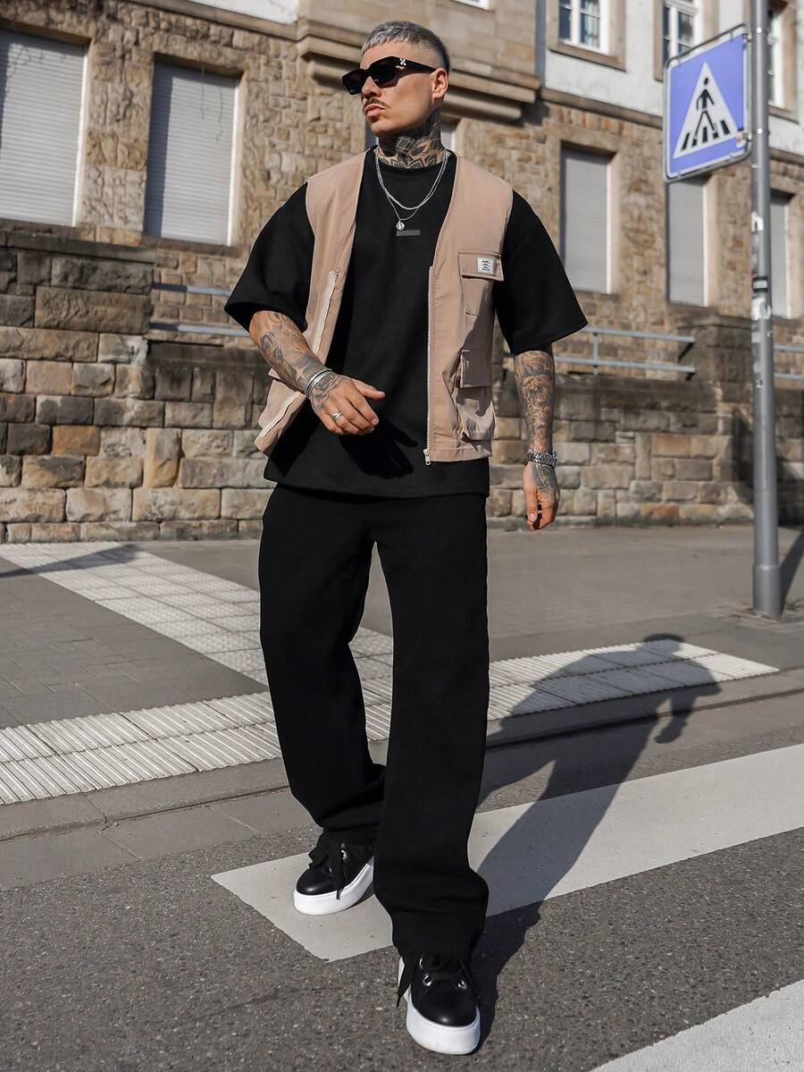 Artur Kramer 宽松版型男士翻盖口袋背心夹克（不含 T 恤），秋季，冬季 - 杏色 - 查看 1