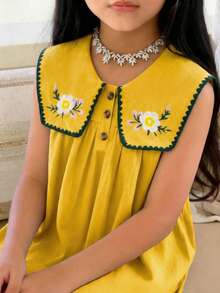 SHEIN Tween Girls/Tween Girl Girls Pastoral Floral Embroidered Pattern Ruffle Collar Puff Sleeve Dress,Versatile Round Neck Trim Contrast Color - Yellow - View 8