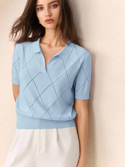 BizChic Women's Solid Color Polo Collar Diamond Pattern Knitted Short Sleeve Pullover Sweater, Suitable For Urban Commute, Business Casual, Holiday, Wedding Guest, Party, Summer