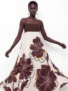 Maija Women's Elegant Coffee Brown Summer Vacation Casual Colorblock Floral Print Dress,Beach Holiday Outfits,Summer Dresses For Women - Multicolor - View 4