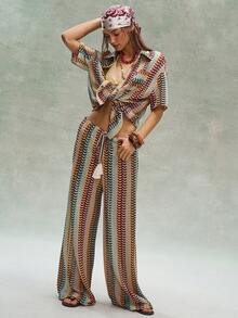 Bohemela Bộ 2 món áo thun dệt kim kẻ sọc dáng rộng và quần ống rộng dành cho nữ (kiểu dáng thường ngày). - Nhiều màu - Xem 2