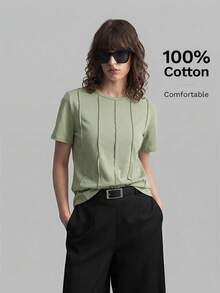 Ontre Áo thun nữ tay ngắn cổ tròn 2026SS, áo thun cơ bản công sở thanh lịch, áo kiểu dự tiệc cưới, áo thun thường ngày mùa xuân. - màu xanh lá - Xem 1