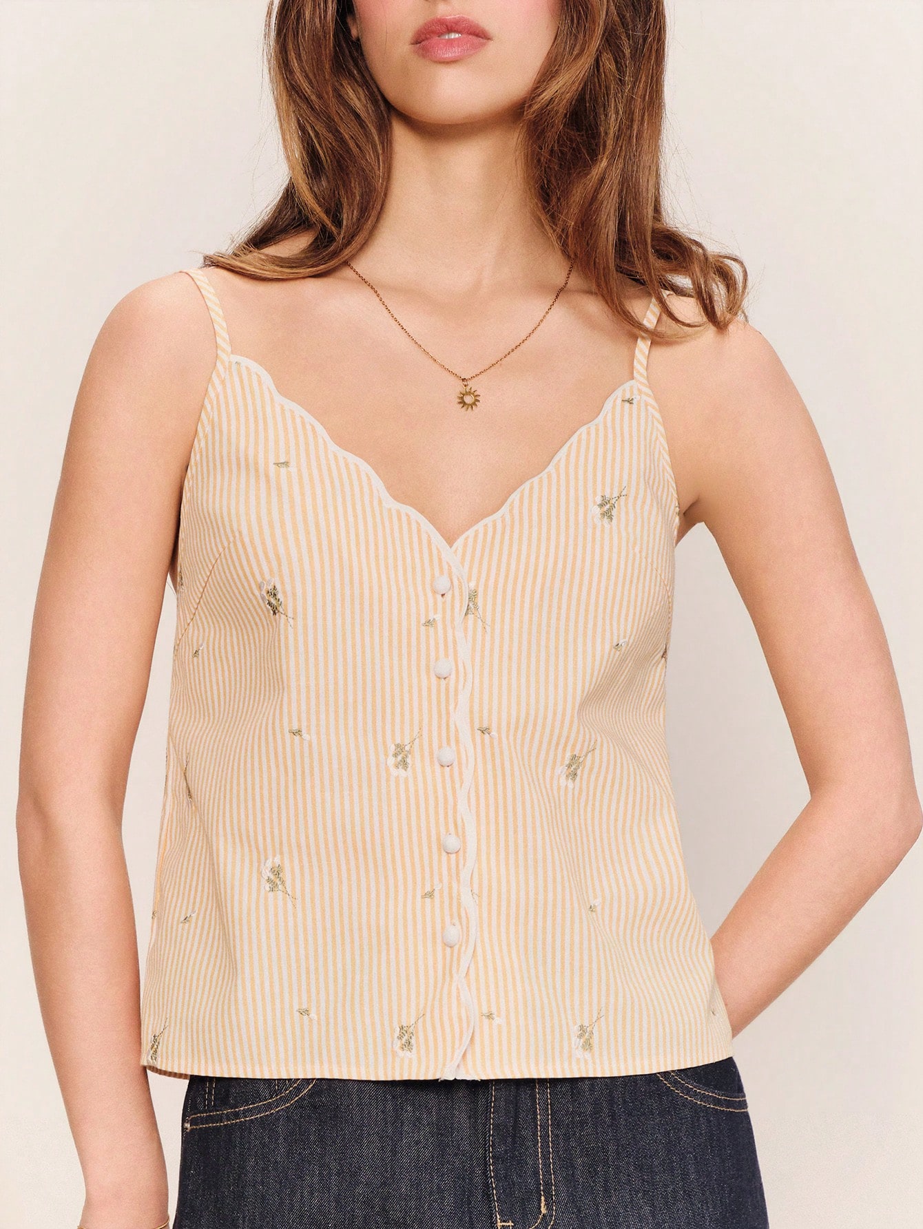 Embroidered Floral Striped Cami Top With Scallop Edge Cozy Cute Top Vacation Top Holiday Top Spring Summer French Style Parisian Style Casual Top
