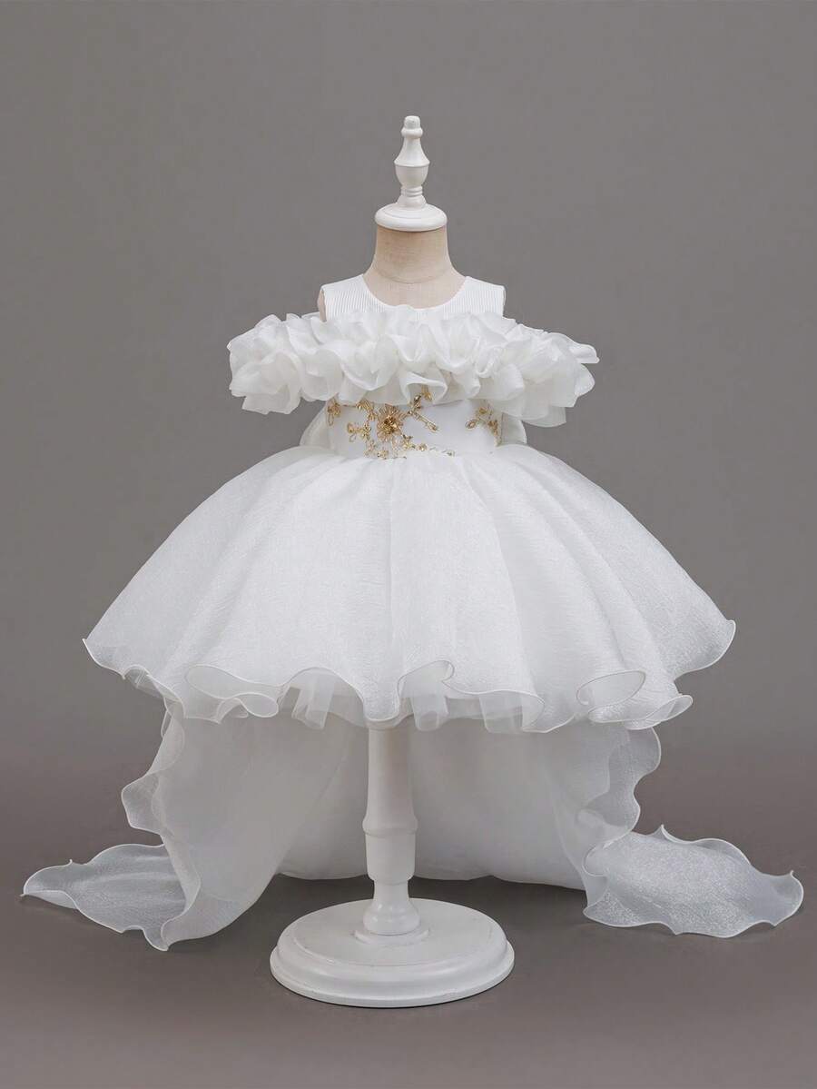 Glamorique Kids Đầm dự tiệc cưới cho bé gái, kiểu trễ vai, tay bồng, thêu chỉ vàng. - trắng - Xem 1