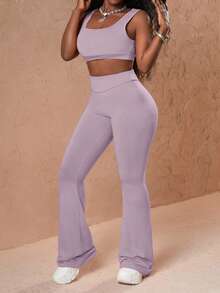 Slaydiva 3pcs Women Casual Long Sleeve Top, Vest And Pants Set - Purple - View 3