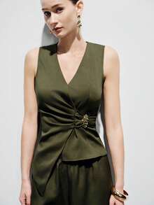 Aveloria Modichic Elegant Fashion French Retro Casual Sleeveless Asymmetric Top And Pants 2 Pieces Set For Women - Army Green - View 2