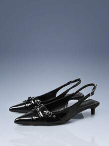 CUCCOO GRLICON Women's High Heel Pumps, Black Patent Leather With French Rivets Decor, Pointed Toe With Ankle Strap And Metal Ring Buckle, Kitten Heel, Motorcycle Style, Suitable For Spring/Summer, Vacation, Travel, 2000s Fashion 2000s Style - Black - View 2
